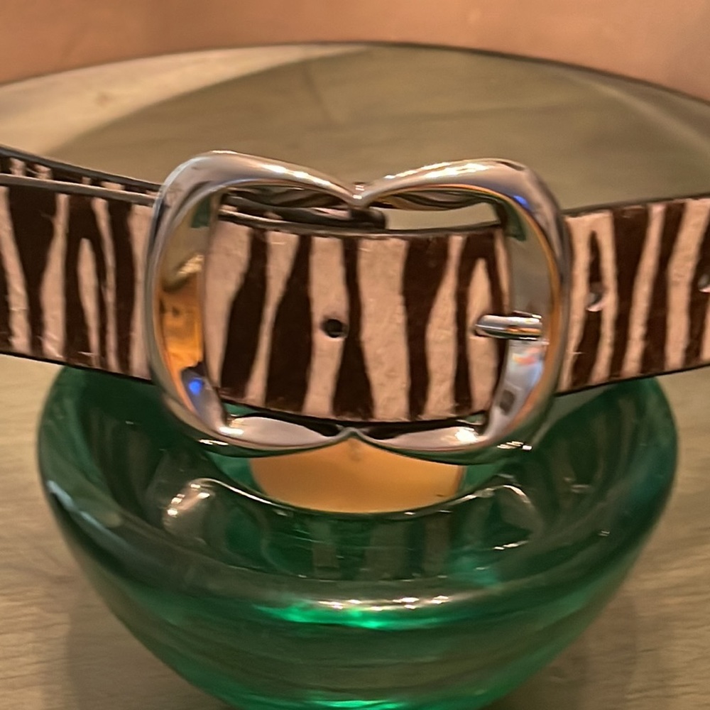 ZEBRA Animal Print LEATHER BELT Brown & Ivory Silver Buckle BEAUTIFUL ♥️